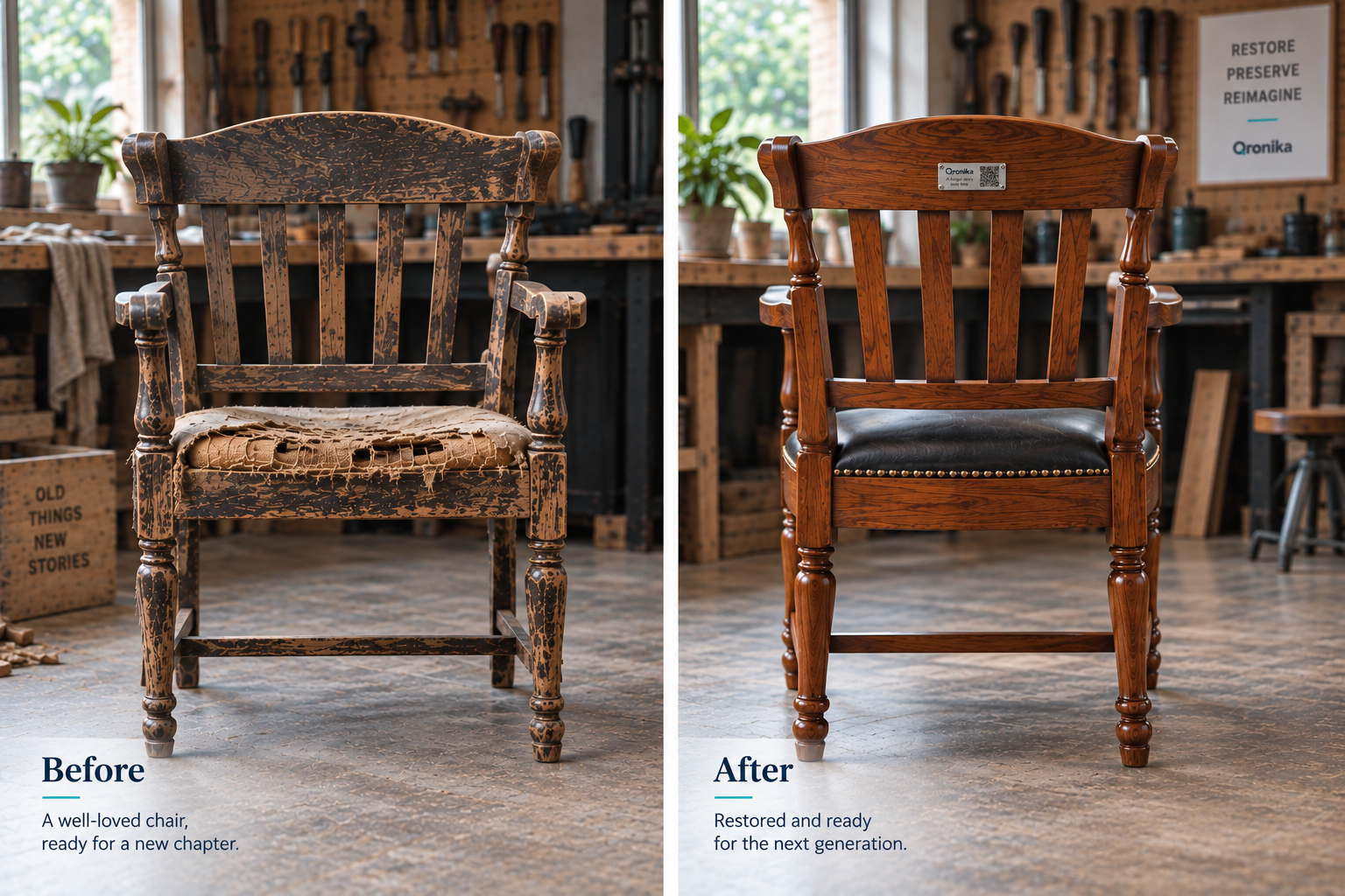Before and after views of a restored timber chair in a workshop.