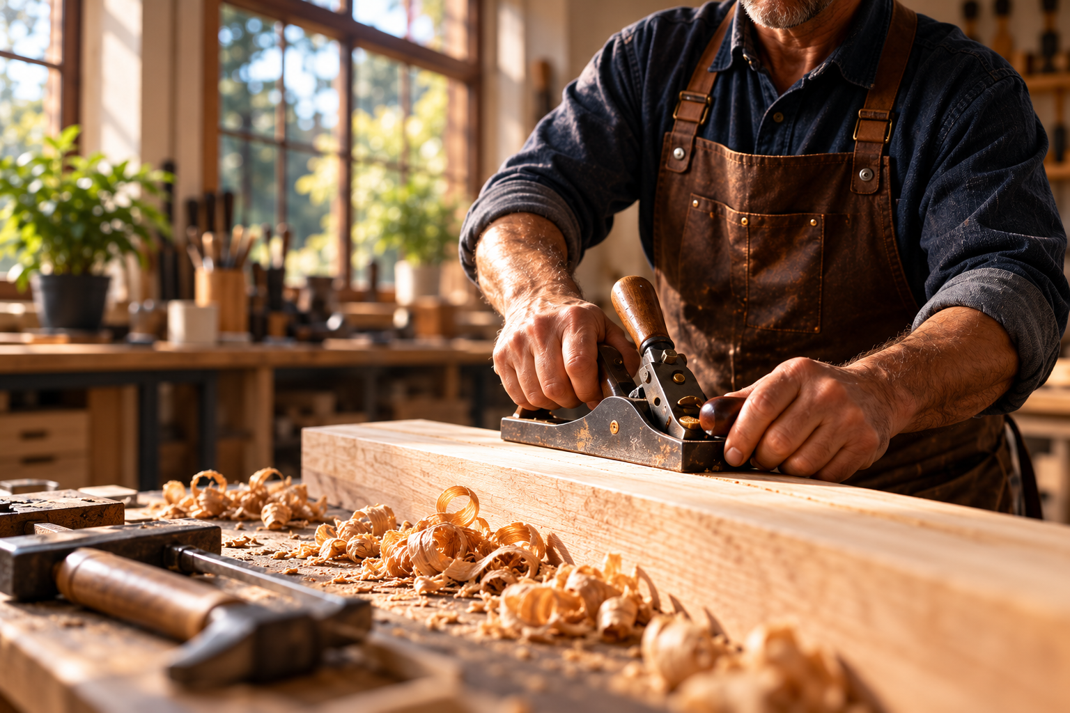 Woodworker planing a timber beam at a sunlit workbench.