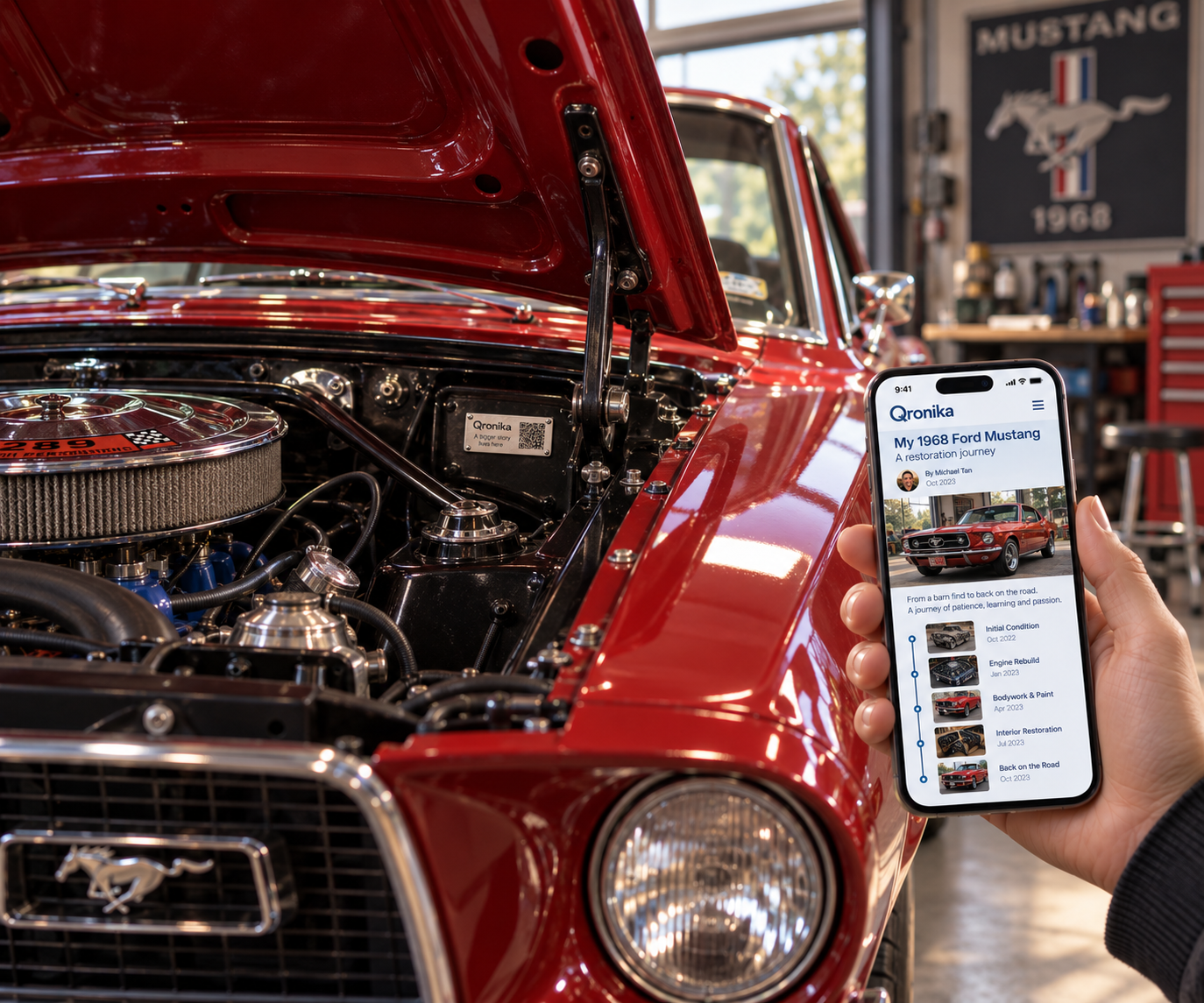A restored red 1968 Mustang with a discreet Qronika badge and its restoration story displayed on a smartphone.