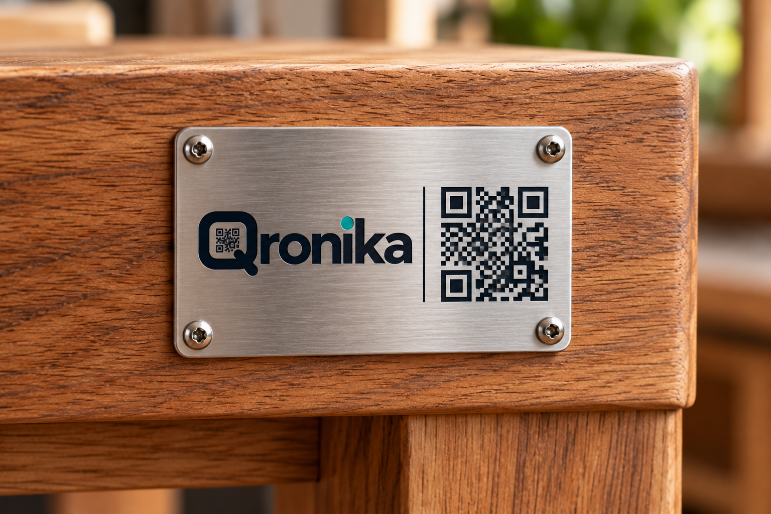 A stainless Qronika QR badge mounted discreetly on a finished timber piece.