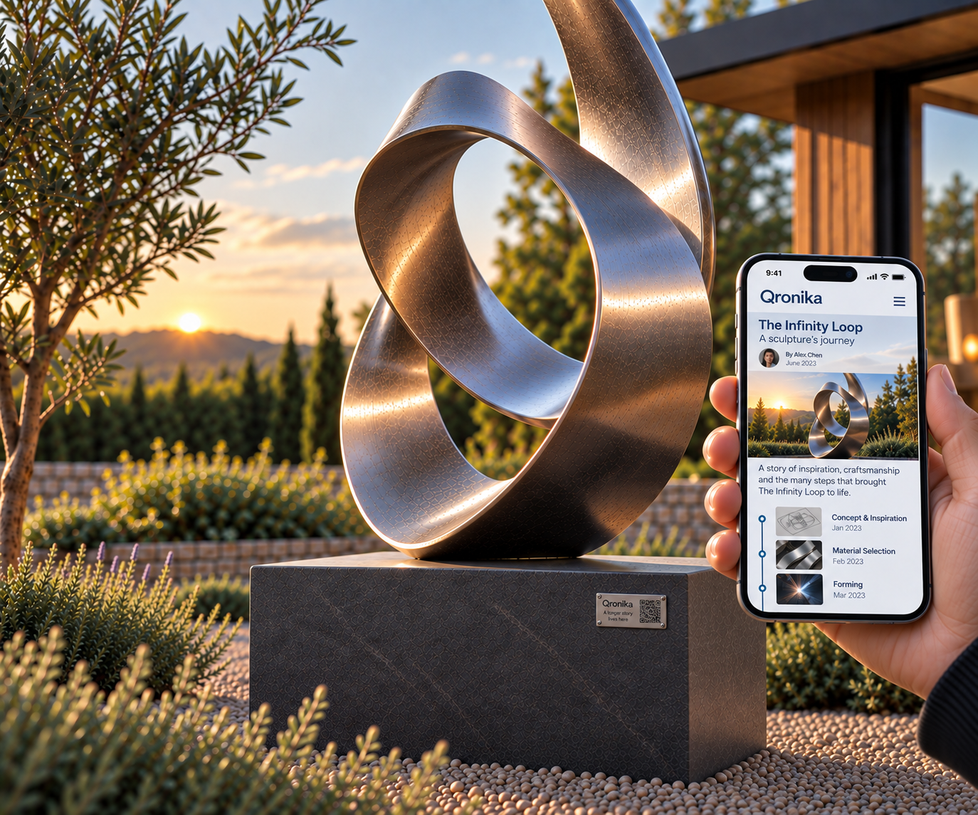 A looped metal sculpture with a discreet Qronika badge and its story displayed on a smartphone.